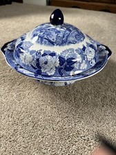 Enoch Wood Blue White Woods Ware English Scenery Covered Vegetable c. 1920