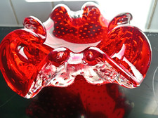 Perfect Murano Ruby to clear art glass bowl / ashtray with suspended bubbles!