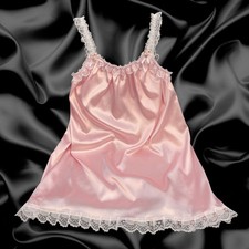 Baby Pink Satin Sissy Ruffle Frilly Bows Baby Doll Nighty Lingerie Size M - XL