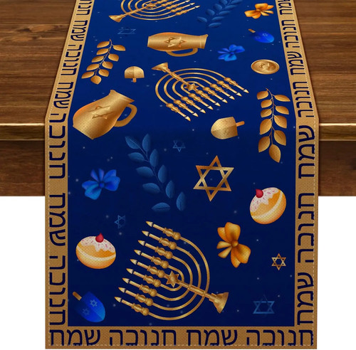 Hanukkah linen table runner - linen,