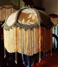 Connie, Victorian glass beaded lampshade. old gold damask .Metalic braids 12"