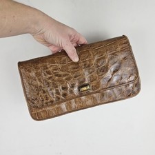 Leather Clutch Bag Vintage 1950s 1960s Crocodile Aligator Skin Tan Brown