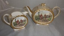 2 PIECE SADLER TEA POT AND MILK JUG- CREAM AND GOLD FOX HUNTING THEME
