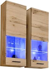 Wall Display Cabinet Glass Door LED Lighted Shelves Modern 2PCS LEFT & RIGHT