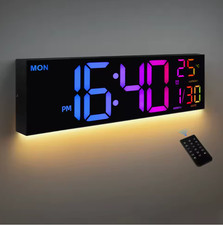 16" Large Digital Wall Clock Big LED Display with Remote 8 RGB Color Alarm Clock