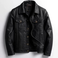 Men's Real Leather Trucker Jacket Black Vintage Denim Style Cafe Racer Button Up