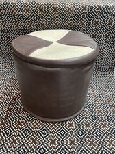 Retro Leatherette Footstool Pouffe Brown Cream Vintage Stage Prop