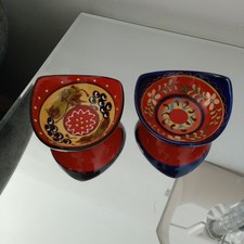 2 Small Spanish Patterned Mini Glazed Clay Tapas Red Blue Serving Bowls Dishes