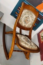 Antique VTG Folding Wood Rocking Chair Victorian Floral Tapestry Nursery Baby