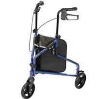 Tri Wheel Steel Rollator, Walker, Walking Aid with Bag, Light Foldable, Blue