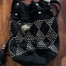 Vintage Top Shop Black Suede Studded Drawstring Handbag with  Shoulder  Strap
