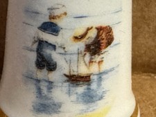 Faye Whittaker “By the Sea” Bone China Thimble – England – Children w/ Toy Boat