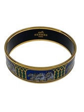HERMES Enamel Bangle Horse Design Gold Blue Size 21