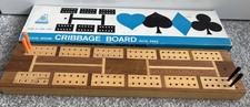 Vintage Inlaid Wood Cribbage Board with Pegs – 12" x 3" – Complete in Box