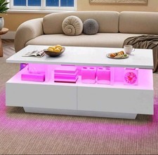 Lift Top LED Coffee Table with Storage Drawer Wooden Living Room Furniture White