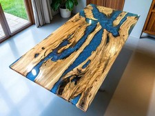 Modern Blue Epoxy River Dining Table – Solid Wood Handmade Resin Table Top Decor