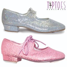 TIPTOES GIRLS LOW HEEL SILVER PINK GLITTER HOLOGRAM TAP DANCE SHOES CHILDS 6 - 2