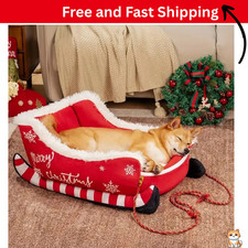Large/Medium/Small Christmas Sled Dog Bed – Plush Winter Warm Pet House with Was