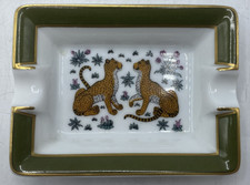 Hermes Ashtray Leopard Floral Design 8x6x1.5cm Green Rim Vintage Rare Paris