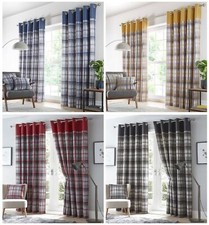 Lined Curtains Tartan Check Eyelet Ring Pair Red Charcoal Grey Ochre Blue Drapes