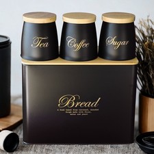 Black Set of 4 Bread Bin storage with matching Tea, Coffee, Sugar Canisters