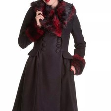 Hell Bunny Coat Womens Large Rock Noir Black Faux Fur Overcoat Double Breasted
