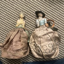 Two Vi Rage Antique Half Dolls Pin Cushions German ? With Handmade Skirts 8 Inch