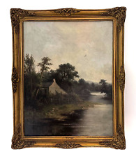 Antique oil painting on canvas river landscape  framed signed Joel Henry Bates