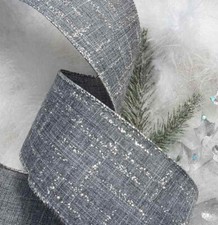 1m x 63mm Grey & Silver Glitter parkle Wired Christmas  Ribbon    TREE  BOW GIFT