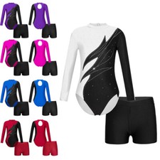 Kids Girls Contrast Color Gymnastics Bodysuit Shiny Rshinestone Leotard Shorts