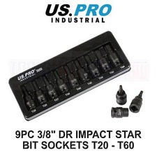 US PRO INDUSTRIAL 9pc 3/8” DR Impact Torx Star Bit Sockets Set T20 - T60 3955