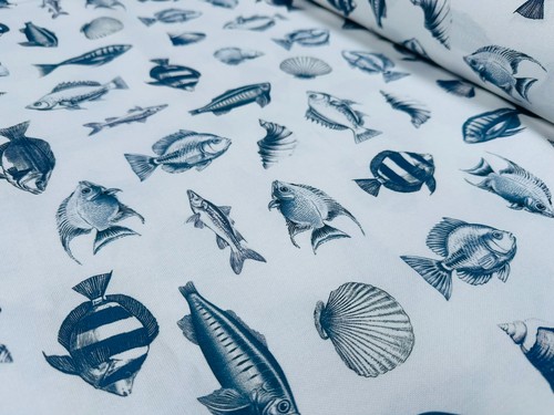 Navy fish cotton fabric - fish,