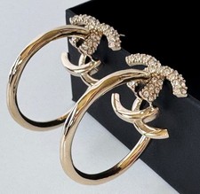 CHANEL  LARGE 22K GOLD  CRYSTAL CC LOGO DROP HOOP EARRINGS