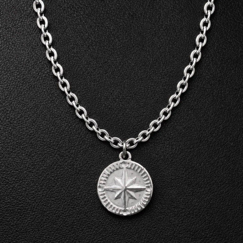 Men silver compass necklace - men's,