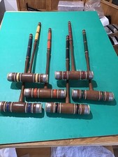 Set of 6 Vintage Wooden Croquet Mallets Set 27" Turned Wood Metal Band Poly End