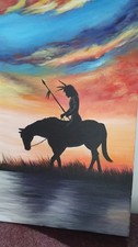 Native American on Horse Sunset Acrylic Painting