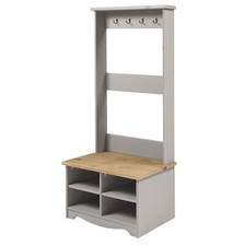 Grey Hall Shoe Bench With Hat and Coat Rack Pine Storage Seat With Shelves