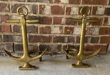 Vintage Solid Brass Pair Anchor Fireplace Andirons Mid Century Nautical