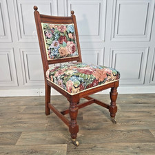 Antique Victorian Oak Upholstered Nursing Hall Chair – Floral Tapestry & Castors