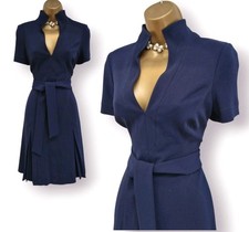 Karen Millen UK 12 Navy Blue Mandarin High Neck Fit And Flare Occasion Dress