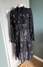 Ronald Joyce After Six Black Floral Midi Dress Size 16 Belted Elegant