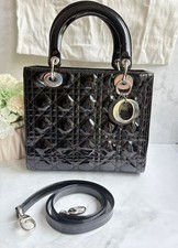 Authentic Dior Lady Dior Shoulder Bag/  Medium black  Block Patent Leather
