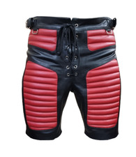 Mens Real Leather Shorts Black & Red Leather Shorts with Front Lacing Closure