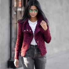 Iro Designer Boucle Cardi Coat Jacket burgundy Sz 36 S UK 8 Biker Style