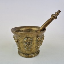 Antique 19thC Bronze Mortar And Pestle Decorated With Masks