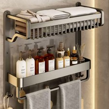 2/3 Tier Bathroom Wall Shelf Towel Rail Rack with Hook Storage Shower Caddy Tray