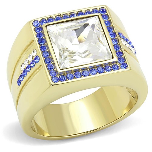 Mens gold ring - square, sapphire