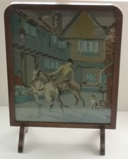 Vintage Wooden Glazed Fire Screen w/ Village Church Embroidery Tapestry 58x46cm