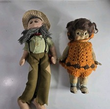 Wooden Vintage Doll W/Crochet  Dress &Vintage Plush Farmer Doll Unbranded#RMCM53