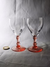 Vintage Art Deco Glass Wine Cocktail Pair 20s 30s Pink Stems Opti Rib x 2 VGC